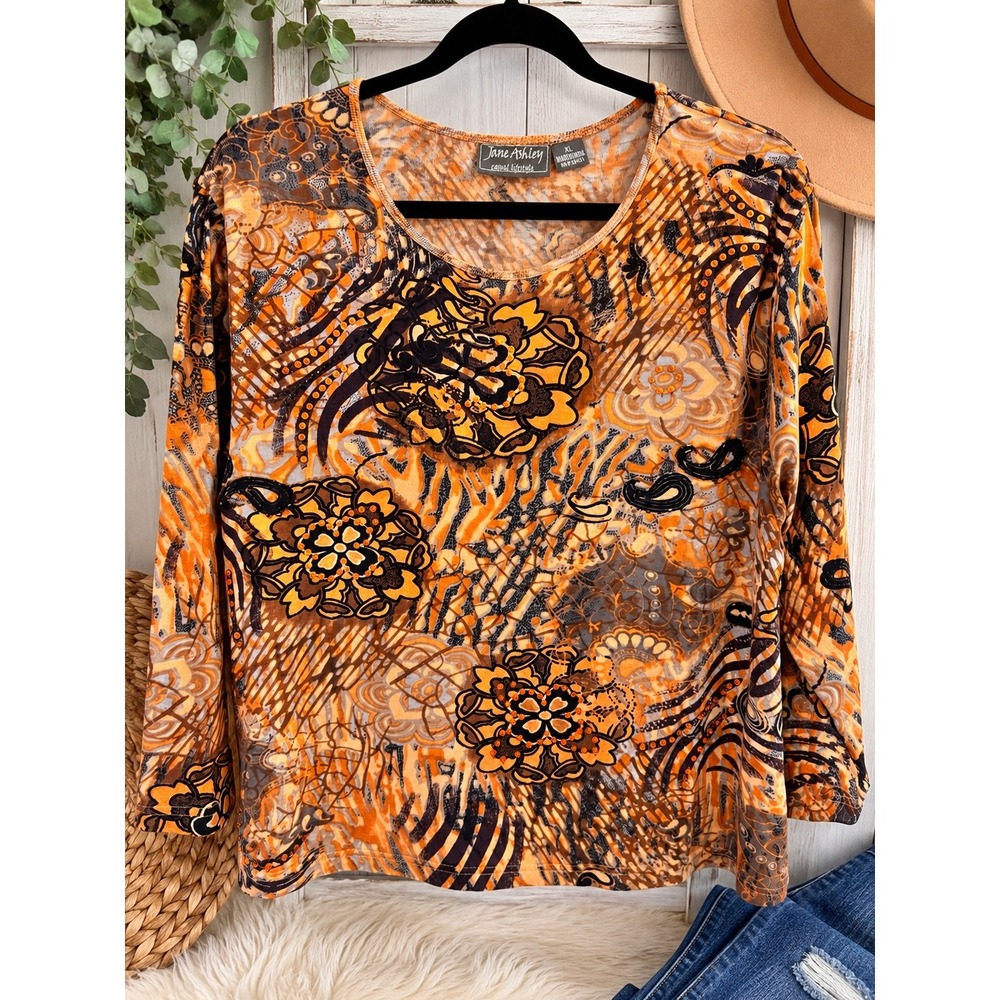 Jane Ashley Casual Lifestyle Orange Floral Paisley Sequin Cotton Top XL